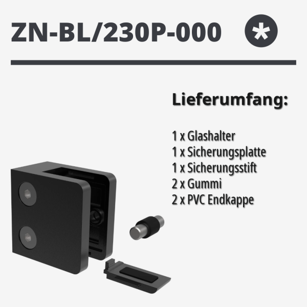 Glashalter Zamak Glasklemme Zink Geländer RAL9005 Schwarz Glas Eckig Glatt BLACK