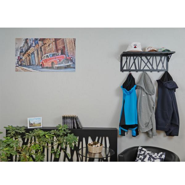 Kleiderhaken Garderobenleiste Hakenleiste Schwarz mit Ablage - 70 cm - aus Metall, für Eingang, Flur, Schlafzimmer, Flurgarderobe mit 7 Haken / W-1