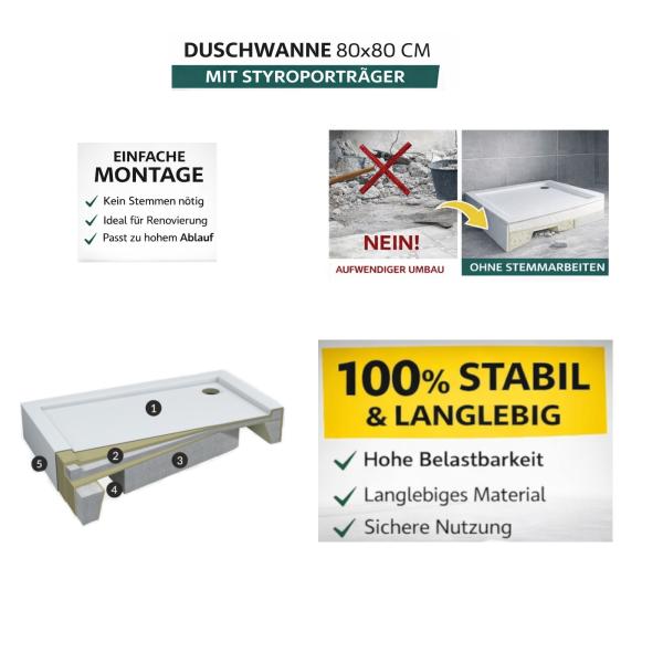 Duschwanne 80x80 mit Styroporträger 14 cm hoch für Renovierung einfache Montage