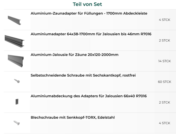 Aluminium Sichtschutzzaun Jalousienzaun Gartenzaun Zaun Lamellenzaun Anthrazit Set mit Lamellen 20 x 120 /1700 x 2000 mm