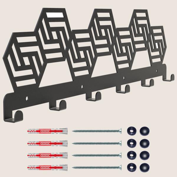 Kleiderhaken Garderobenleiste Hakenleiste Schwarz - 50 cm - aus Metall, für Eingang, Flur, Schlafzimmer, Flurgarderobe mit 6 Haken / HEXA 500