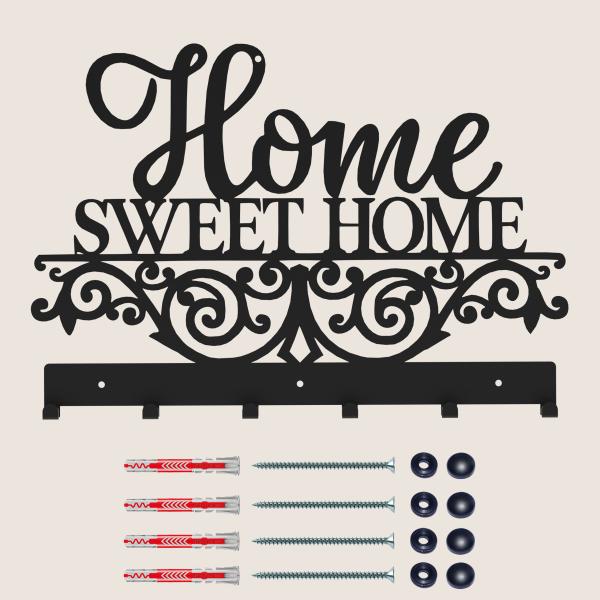 Kleiderhaken Garderobenleiste Hakenleiste Schwarz - 50 cm - aus Metall, für Eingang, Flur, Schlafzimmer, Flurgarderobe mit 6 Haken / HOME SWEET HOME