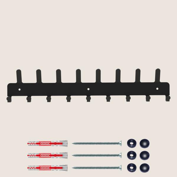 Kleiderhaken Garderobenleiste Hakenleiste Schwarz Doppelhaken - 50 cm - aus Metall, für Eingang, Flur, Schlafzimmer, Flurgarderobe mit 9 Haken / VOX MAXI